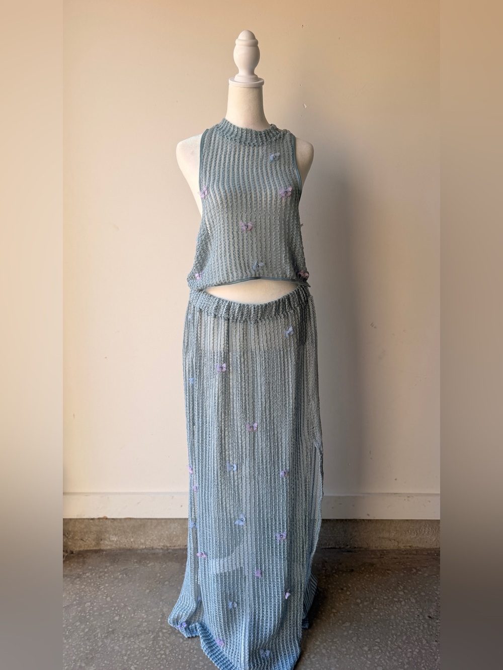 Soft Blue Crochet Maxi Skirt - Feminine Floral Detail